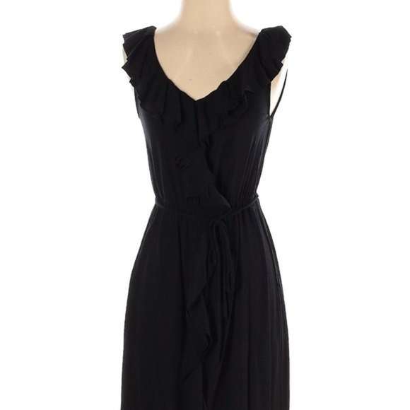 J CREW BLACK RUFFLE V NECK DRESS FITTED WAIST SIZE M - Picture 1 of 8